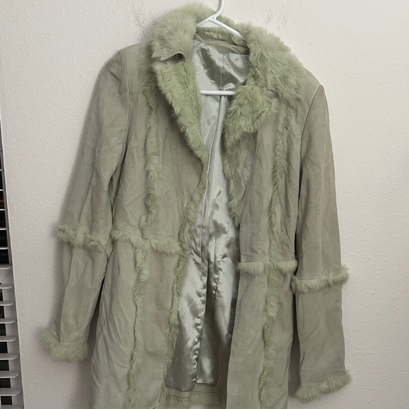 Vintage Green leather and Fur Trim Coat - Picture 1 of 10